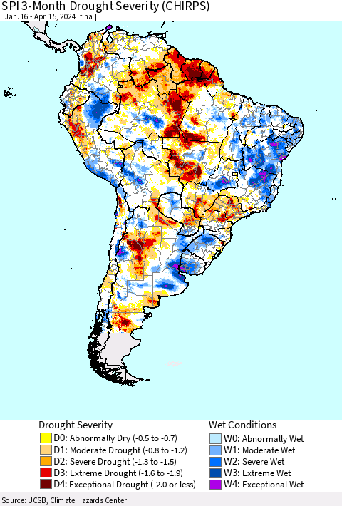 South America SPI 3-Month Drought Severity (CHIRPS) Thematic Map For 1/16/2024 - 4/15/2024