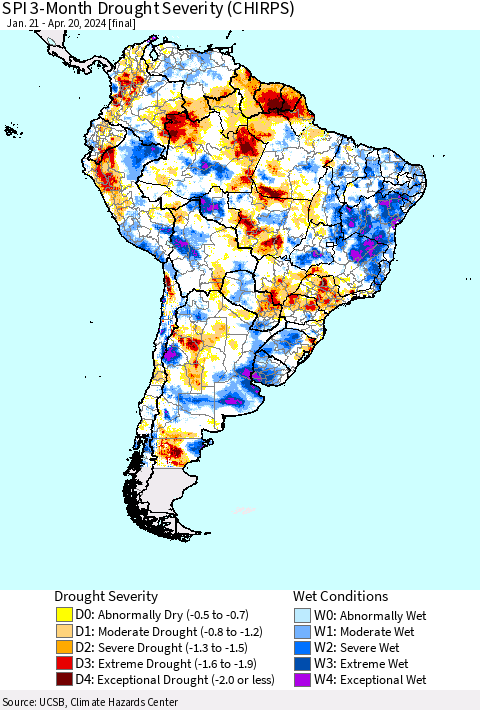 South America SPI 3-Month Drought Severity (CHIRPS) Thematic Map For 1/21/2024 - 4/20/2024