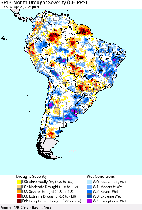 South America SPI 3-Month Drought Severity (CHIRPS) Thematic Map For 1/26/2024 - 4/25/2024