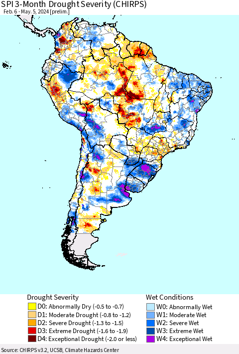 South America SPI 3-Month Drought Severity (CHIRPS) Thematic Map For 2/6/2024 - 5/5/2024