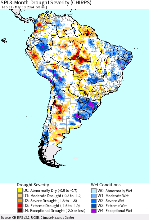 South America SPI 3-Month Drought Severity (CHIRPS) Thematic Map For 2/11/2024 - 5/10/2024