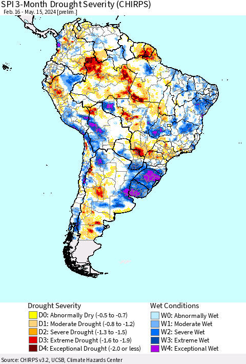 South America SPI 3-Month Drought Severity (CHIRPS) Thematic Map For 2/16/2024 - 5/15/2024