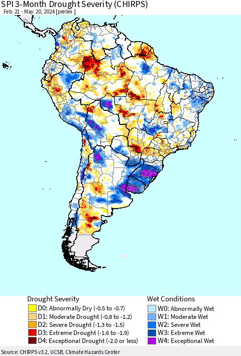 South America SPI 3-Month Drought Severity (CHIRPS) Thematic Map For 2/21/2024 - 5/20/2024