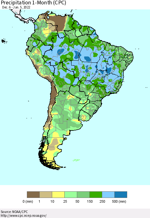 South America Precipitation 1-Month (CPC) Thematic Map For 12/6/2021 - 1/5/2022