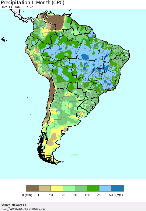 South America Precipitation 1-Month (CPC) Thematic Map For 12/11/2021 - 1/10/2022