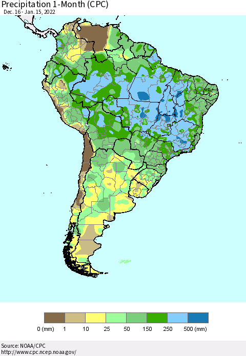 South America Precipitation 1-Month (CPC) Thematic Map For 12/16/2021 - 1/15/2022