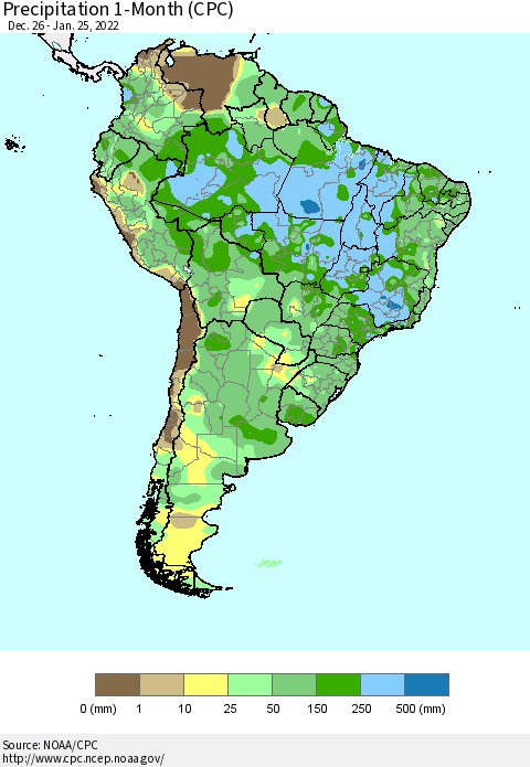 South America Precipitation 1-Month (CPC) Thematic Map For 12/26/2021 - 1/25/2022