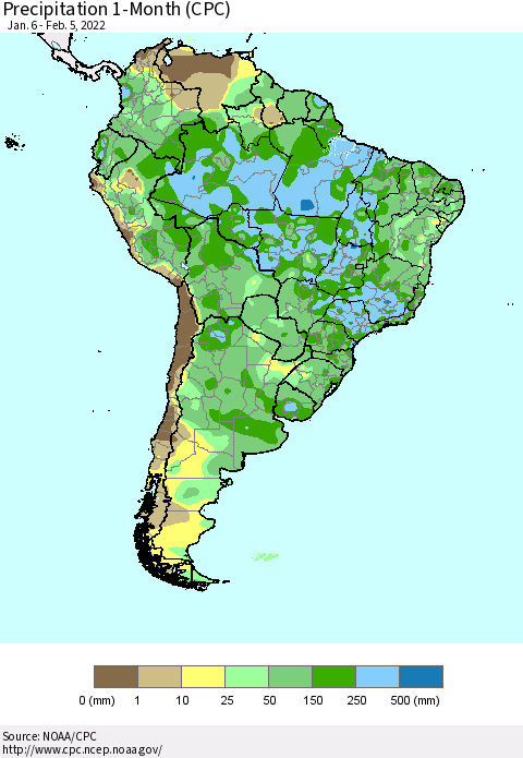 South America Precipitation 1-Month (CPC) Thematic Map For 1/6/2022 - 2/5/2022