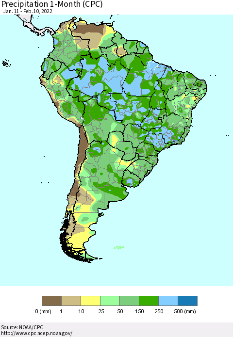 South America Precipitation 1-Month (CPC) Thematic Map For 1/11/2022 - 2/10/2022