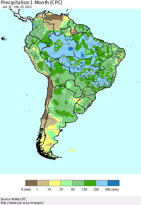 South America Precipitation 1-Month (CPC) Thematic Map For 1/21/2022 - 2/20/2022