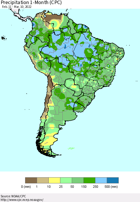 South America Precipitation 1-Month (CPC) Thematic Map For 2/11/2022 - 3/10/2022