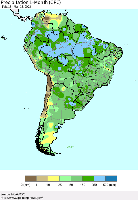 South America Precipitation 1-Month (CPC) Thematic Map For 2/16/2022 - 3/15/2022