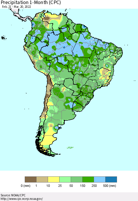 South America Precipitation 1-Month (CPC) Thematic Map For 2/21/2022 - 3/20/2022