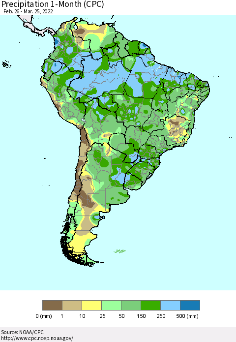 South America Precipitation 1-Month (CPC) Thematic Map For 2/26/2022 - 3/25/2022