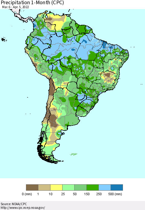 South America Precipitation 1-Month (CPC) Thematic Map For 3/6/2022 - 4/5/2022