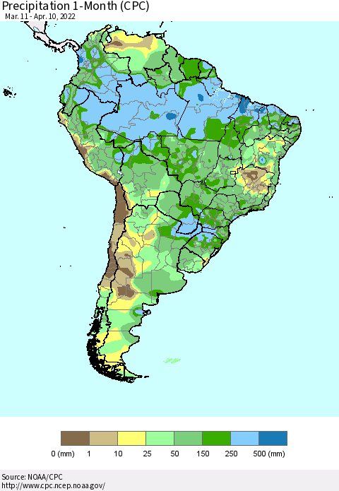 South America Precipitation 1-Month (CPC) Thematic Map For 3/11/2022 - 4/10/2022