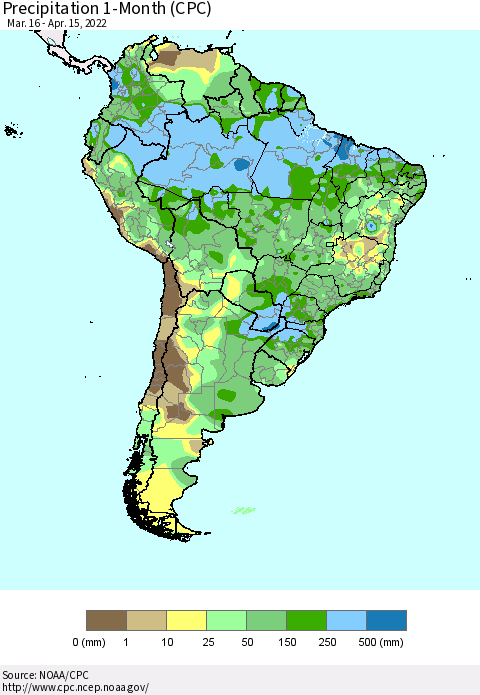 South America Precipitation 1-Month (CPC) Thematic Map For 3/16/2022 - 4/15/2022