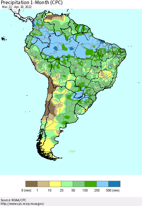 South America Precipitation 1-Month (CPC) Thematic Map For 3/21/2022 - 4/20/2022
