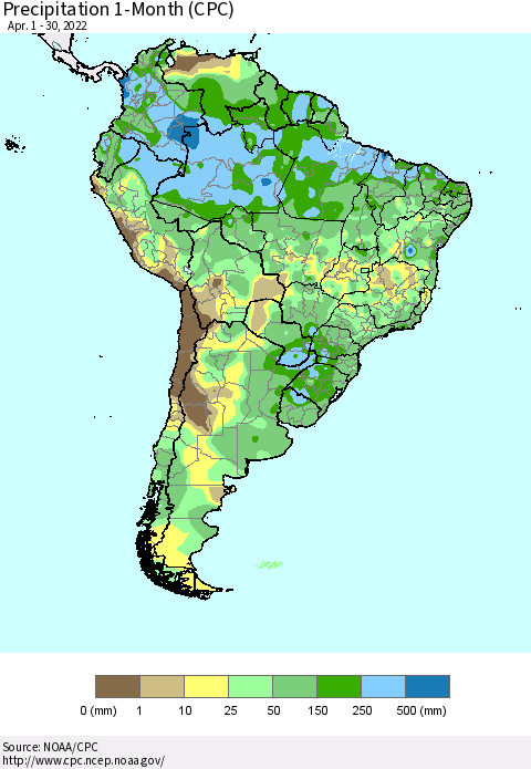 South America Precipitation 1-Month (CPC) Thematic Map For 4/1/2022 - 4/30/2022