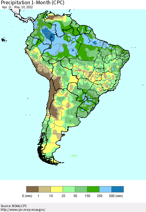 South America Precipitation 1-Month (CPC) Thematic Map For 4/11/2022 - 5/10/2022