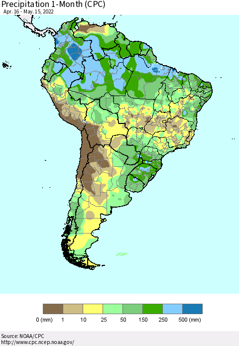 South America Precipitation 1-Month (CPC) Thematic Map For 4/16/2022 - 5/15/2022