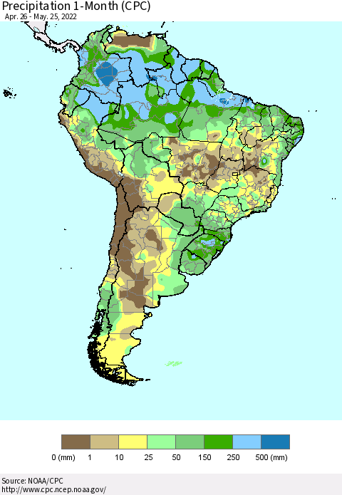 South America Precipitation 1-Month (CPC) Thematic Map For 4/26/2022 - 5/25/2022