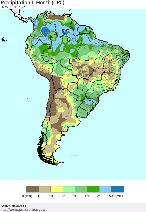 South America Precipitation 1-Month (CPC) Thematic Map For 5/1/2022 - 5/31/2022