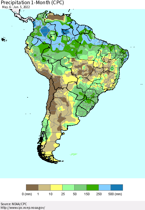 South America Precipitation 1-Month (CPC) Thematic Map For 5/6/2022 - 6/5/2022