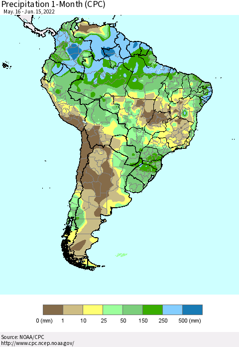 South America Precipitation 1-Month (CPC) Thematic Map For 5/16/2022 - 6/15/2022