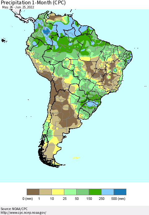 South America Precipitation 1-Month (CPC) Thematic Map For 5/26/2022 - 6/25/2022