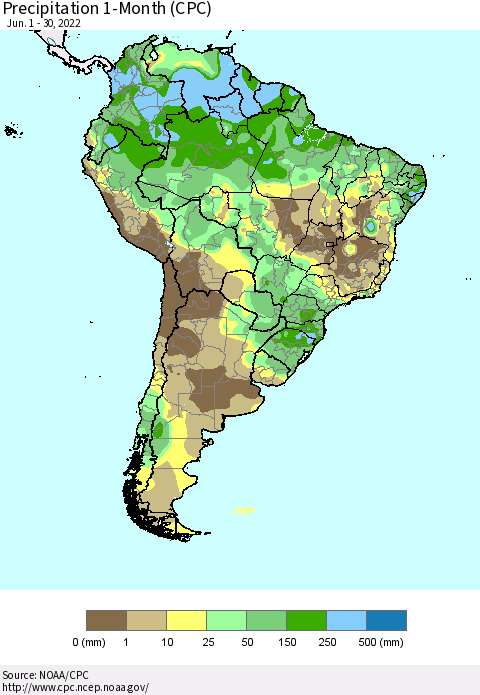 South America Precipitation 1-Month (CPC) Thematic Map For 6/1/2022 - 6/30/2022