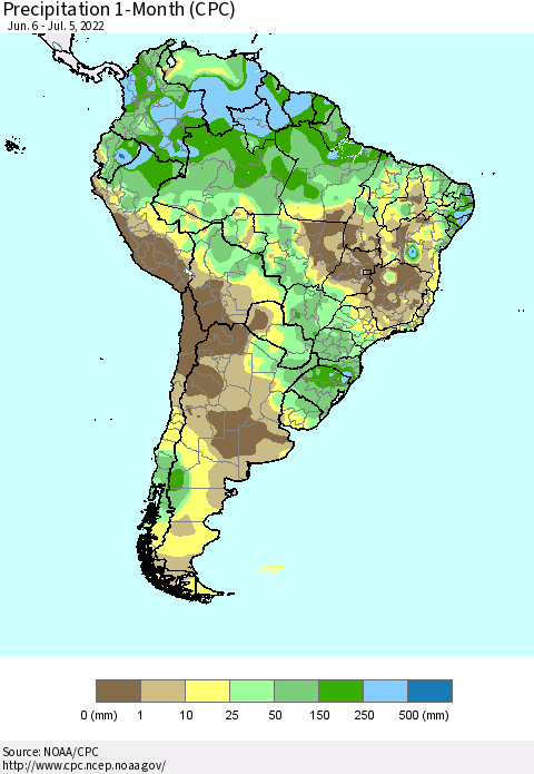 South America Precipitation 1-Month (CPC) Thematic Map For 6/6/2022 - 7/5/2022