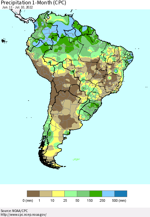 South America Precipitation 1-Month (CPC) Thematic Map For 6/11/2022 - 7/10/2022