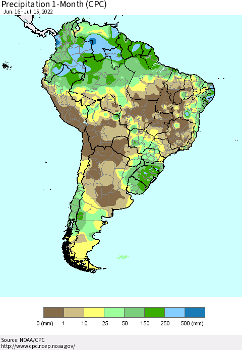 South America Precipitation 1-Month (CPC) Thematic Map For 6/16/2022 - 7/15/2022