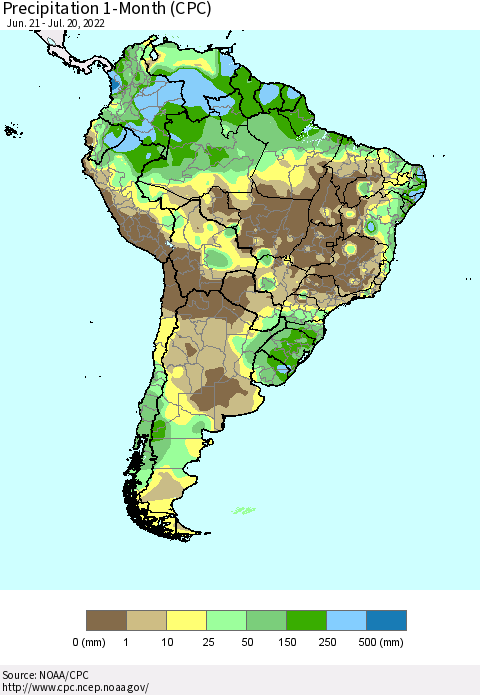 South America Precipitation 1-Month (CPC) Thematic Map For 6/21/2022 - 7/20/2022