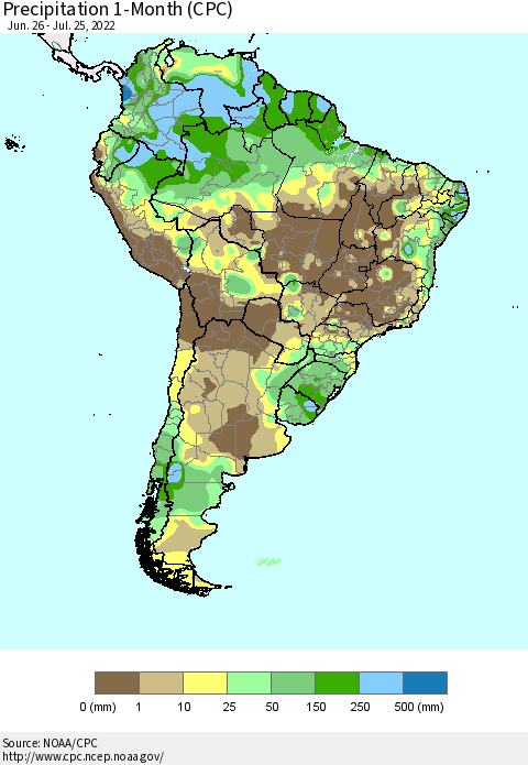 South America Precipitation 1-Month (CPC) Thematic Map For 6/26/2022 - 7/25/2022