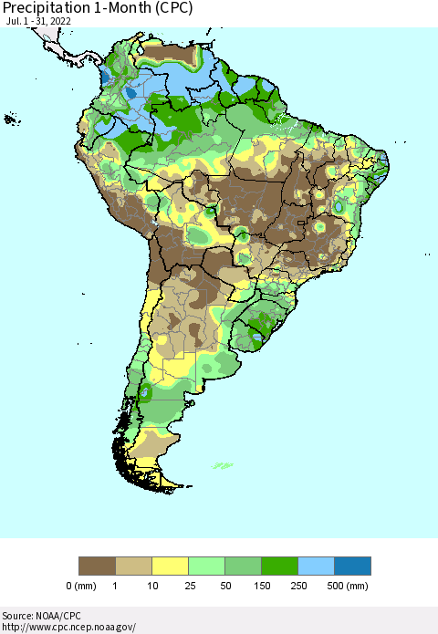 South America Precipitation 1-Month (CPC) Thematic Map For 7/1/2022 - 7/31/2022