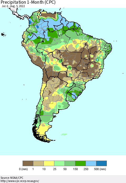 South America Precipitation 1-Month (CPC) Thematic Map For 7/6/2022 - 8/5/2022