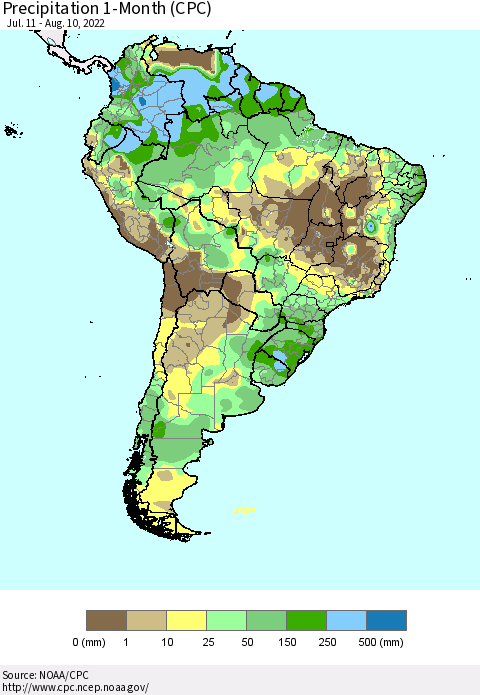 South America Precipitation 1-Month (CPC) Thematic Map For 7/11/2022 - 8/10/2022