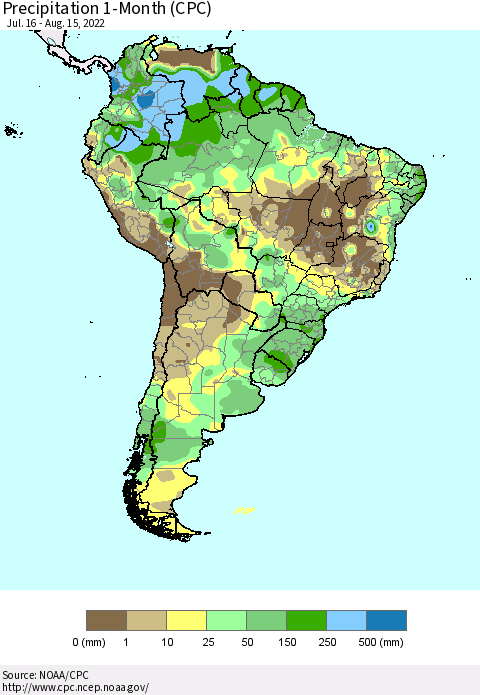South America Precipitation 1-Month (CPC) Thematic Map For 7/16/2022 - 8/15/2022