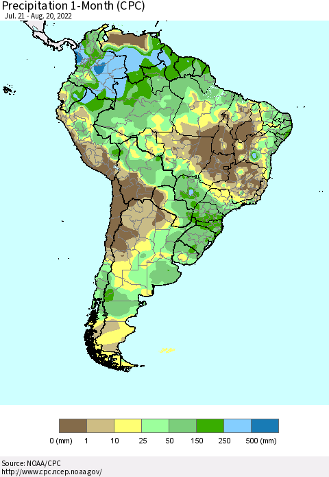 South America Precipitation 1-Month (CPC) Thematic Map For 7/21/2022 - 8/20/2022