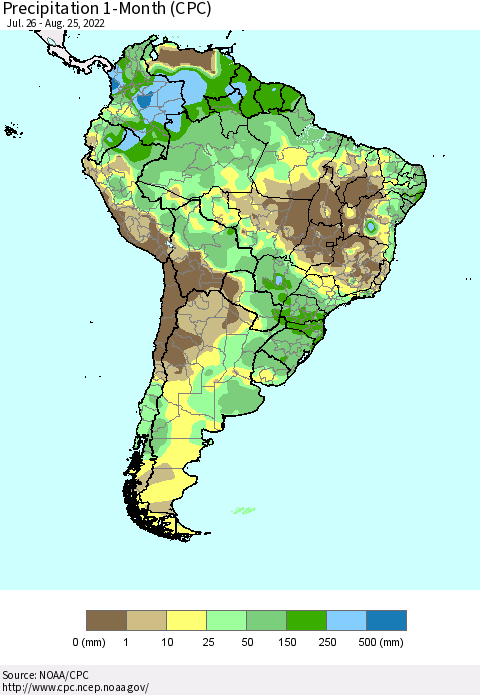 South America Precipitation 1-Month (CPC) Thematic Map For 7/26/2022 - 8/25/2022
