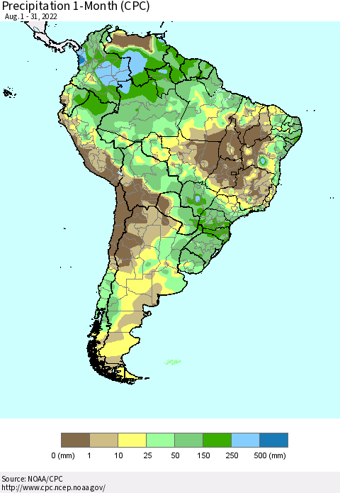 South America Precipitation 1-Month (CPC) Thematic Map For 8/1/2022 - 8/31/2022