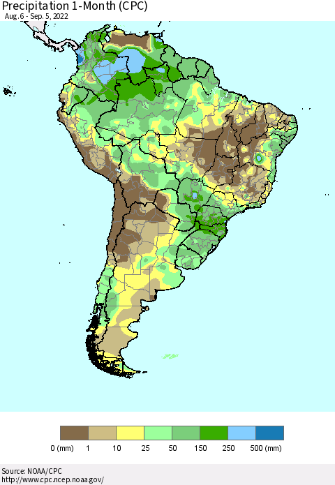 South America Precipitation 1-Month (CPC) Thematic Map For 8/6/2022 - 9/5/2022