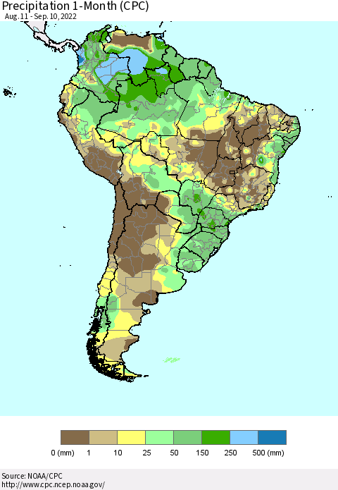 South America Precipitation 1-Month (CPC) Thematic Map For 8/11/2022 - 9/10/2022