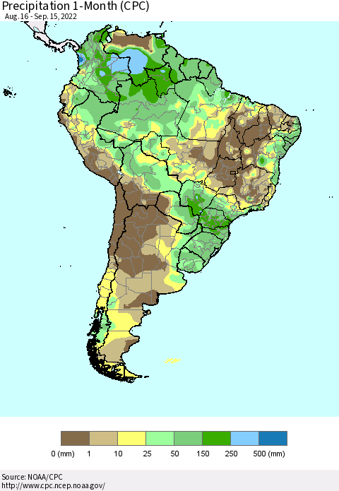 South America Precipitation 1-Month (CPC) Thematic Map For 8/16/2022 - 9/15/2022