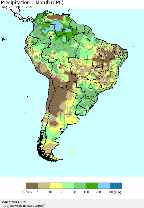 South America Precipitation 1-Month (CPC) Thematic Map For 8/21/2022 - 9/20/2022