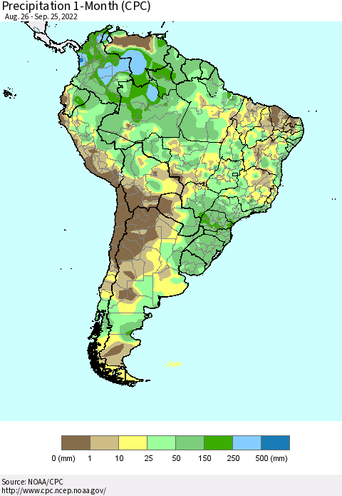 South America Precipitation 1-Month (CPC) Thematic Map For 8/26/2022 - 9/25/2022
