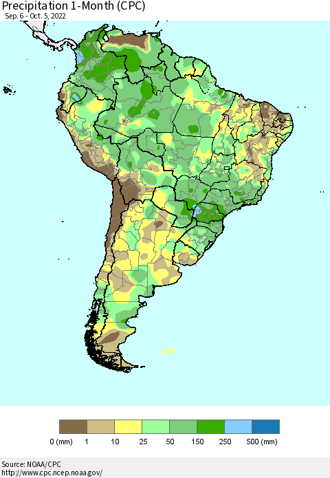 South America Precipitation 1-Month (CPC) Thematic Map For 9/6/2022 - 10/5/2022