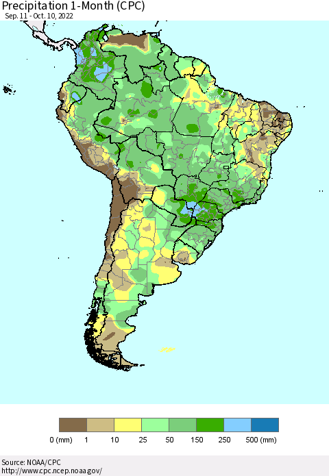 South America Precipitation 1-Month (CPC) Thematic Map For 9/11/2022 - 10/10/2022